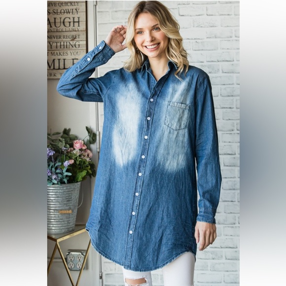 44 Fabulous Long Steere Button Down Washed Denim Long Shirt - Picture 4 of 6
